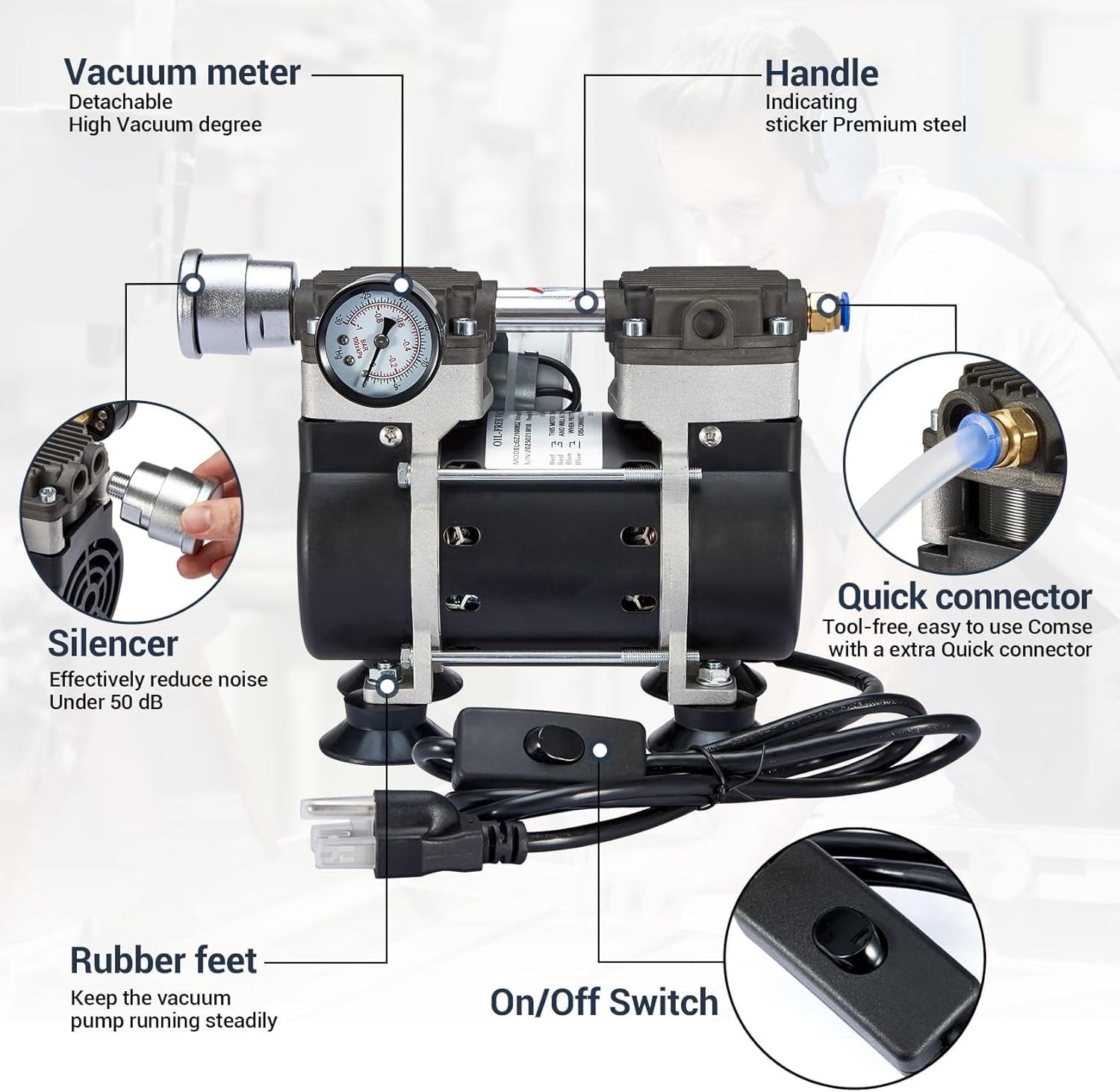 FOUR E's Scientific Vacuum Pump 50L/Min with Switch, Oilless Lab Pump with Vacuum Meter, Aluminum Silencer and 4 Connectors, for Laboratory, Electronics, Industry