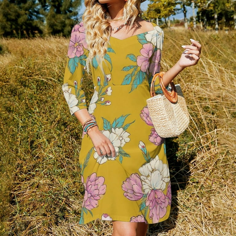 Mustard Yellow Floral Repeat Pattern Dress Summer Dresses Woman Street  Style Big Size Casual Dress
