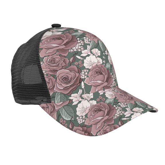 Lsque Rose Flowers Printed Trucker Hat - Baseball Cap for Men Women - Breathable Mesh Side, Adjustable Fit - for Casual Wear