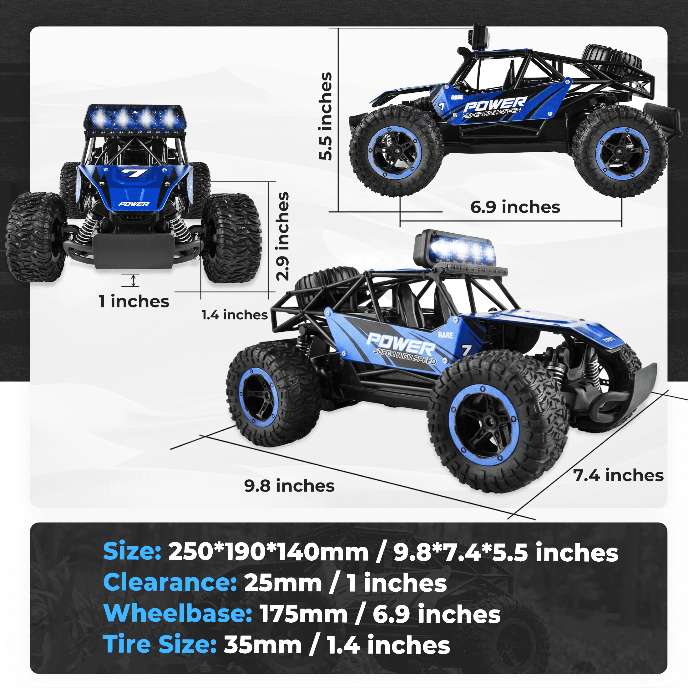 YCFUN RC Cars, 1:14 Scale Off-Road RC Monster Truck with Lights, Metal Shell & 2 Batteries, 2.4Ghz Remote Control Car Crawler for Kids Adults, Blue