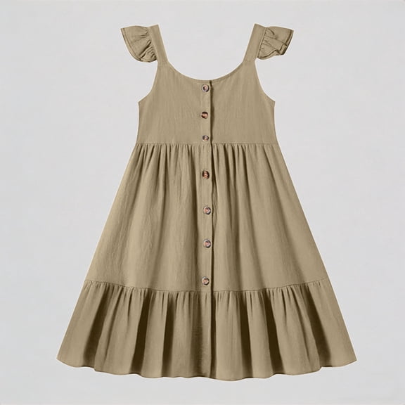 REDARER Girls' Flutter Strap Button-Down Tiered Maxi Dress Casual Ruffle Hem Summer Dress,4-5 Years
