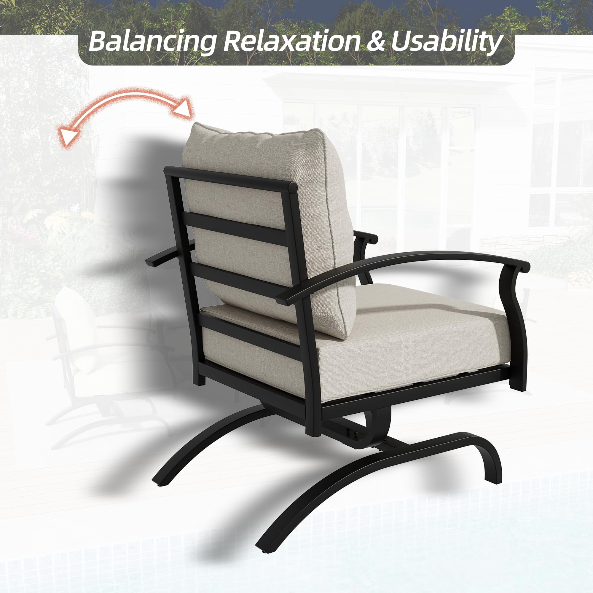 Gotland Metal Patio Furniture Set 5-Seat Modern Metal Bistro Set Outdoor Conversation Sets, 2 Piece Patio Rocker Chairs with Thick Cushion and Coffee Table for Garden Backyard Deck Lawn, Sand