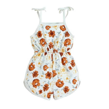 

aturustex Toddler Infant Girl Summer Romper Floral Print Elastic Waist Tie-up Sleeveless Strap Jumpsuit