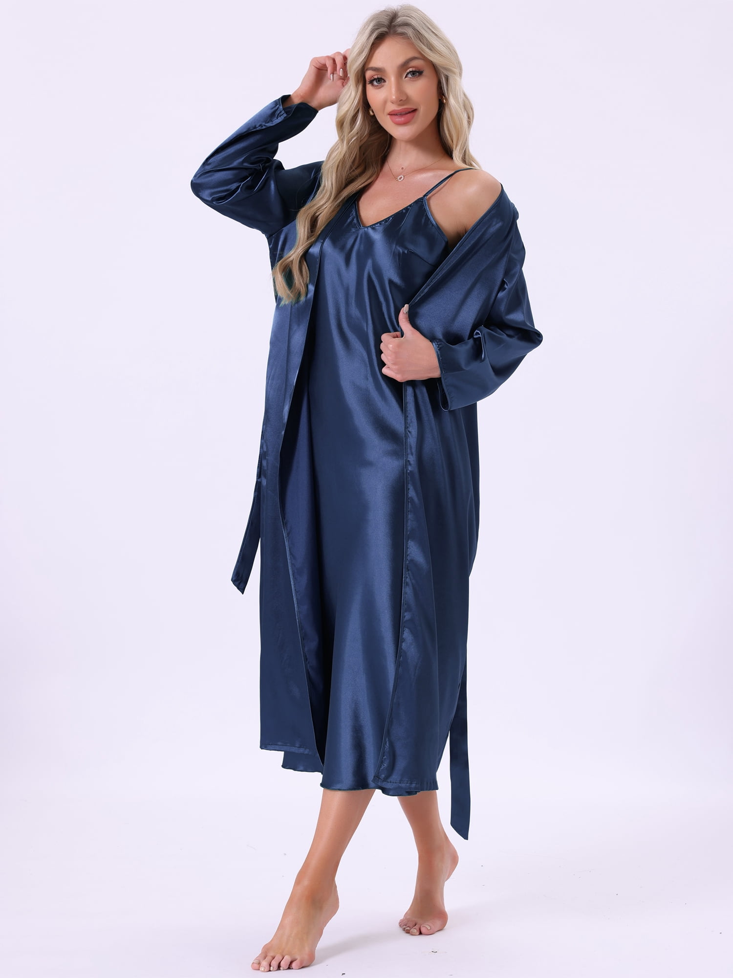 DARING DIVA Women's 2pcs Satin Silky Soft Midi Camisole Robe Set M Blue