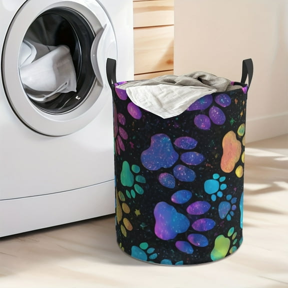 Cute Dog Paw Print Printed Folding Laundry Basket - Large Capacity Oxford Cloth Clothing Storage Basket, with Sturdy Handle, Space-saving Design Suitable for Bedrooms, Bathrooms and Home Storage