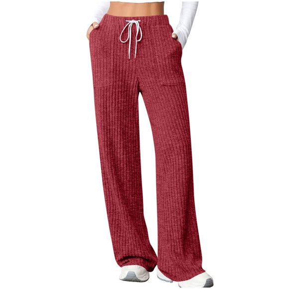 Jalioing Women's High Waist Casual Athletic Pants Wide Leg Drawstring Workout Trousers Solid Ribbed Lounge Pants