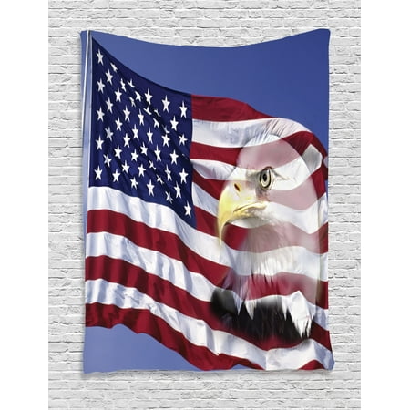 - American Flag Decor Tapestry, Bless America Flag in the Wind with Eagle Icon Double Exposure Citizen Image, Wall Hanging for Bedroom Living Room Dorm Decor, 40W X 60L Inches, Multi, by Ambesonne