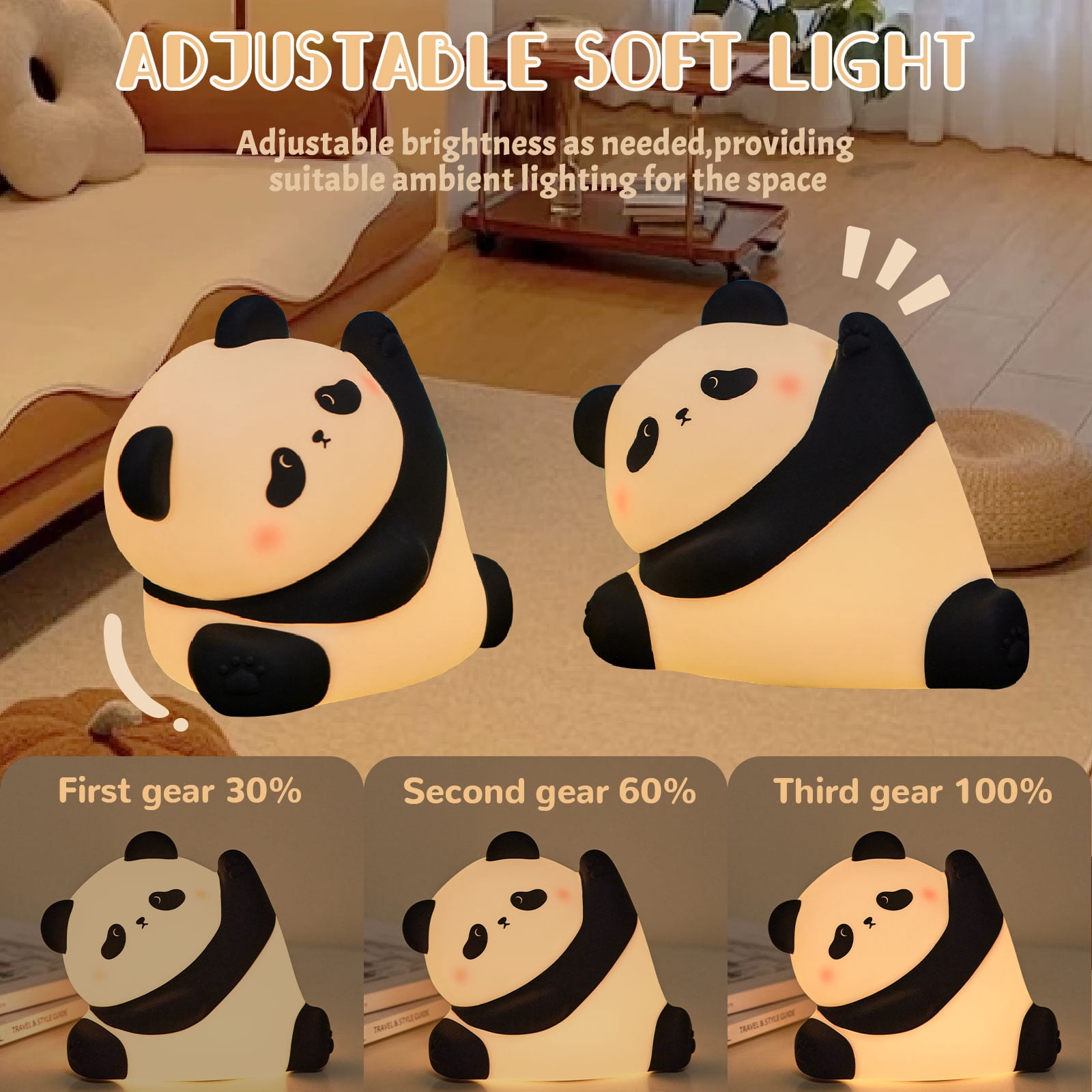 Cute Panda Night Light for Kids, Silicone Nursery Lamp with 3 Brightness Dimmable, 1800mAh Rechargeable Bedside Touch Lamp, LED Table Lamp 30 Minutes Timer, Squishy Night Light for Toddler Boy Girls
