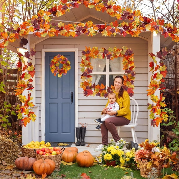 Clearance Artificial Fall Maple Garland, Autumn Harvest Colored Vine, Thanksgiving Day Decor for Fireplace Shelf, Staircase Banister, Window Frame, Dining Table, Wedding Arch and Home Ornament