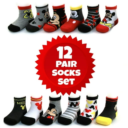 Disney Pixar Cars Socks - Disney Baby Boys Mickey Mouse Assorted Color Design 12 Pair Socks Set, Age 0-24 Months