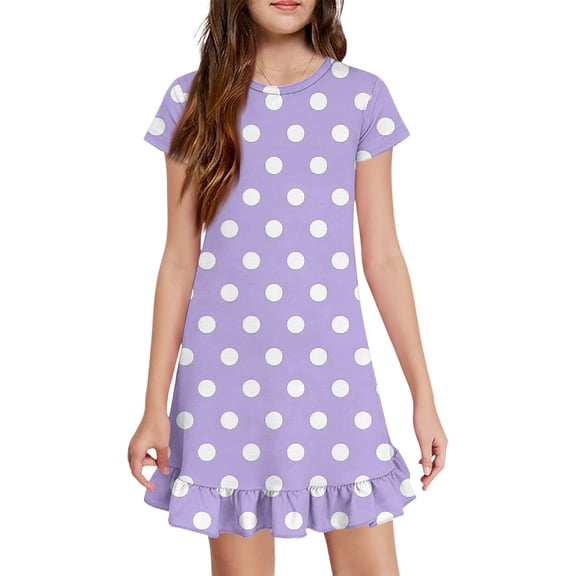 Abcomgle Girls Summer Dress Size 14-16 Casual A-Line Short Sleeve Midi Dress Polka Dot Loose Ruffle Hem Swing Sundresses with Pockets for 4-14t Kids