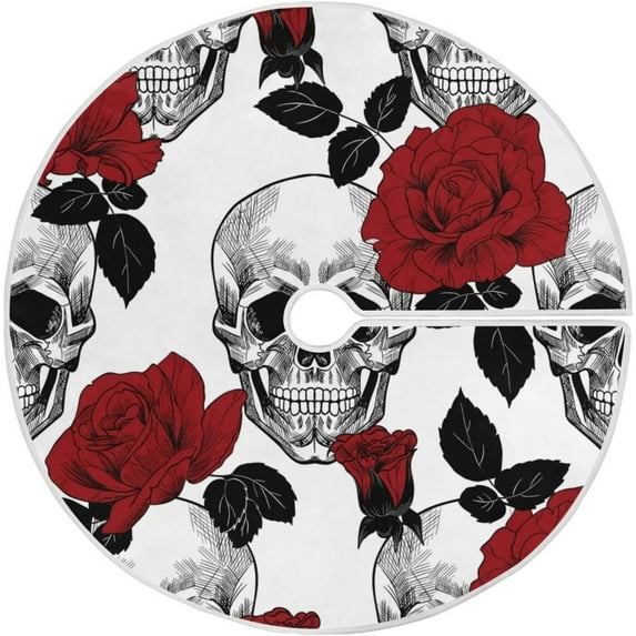 FMSHPON SkullRed Rose Xmas Christmas Tree Skirt Stand Mat for Holiday Party Decoration Indoor Outdoor 48 inches