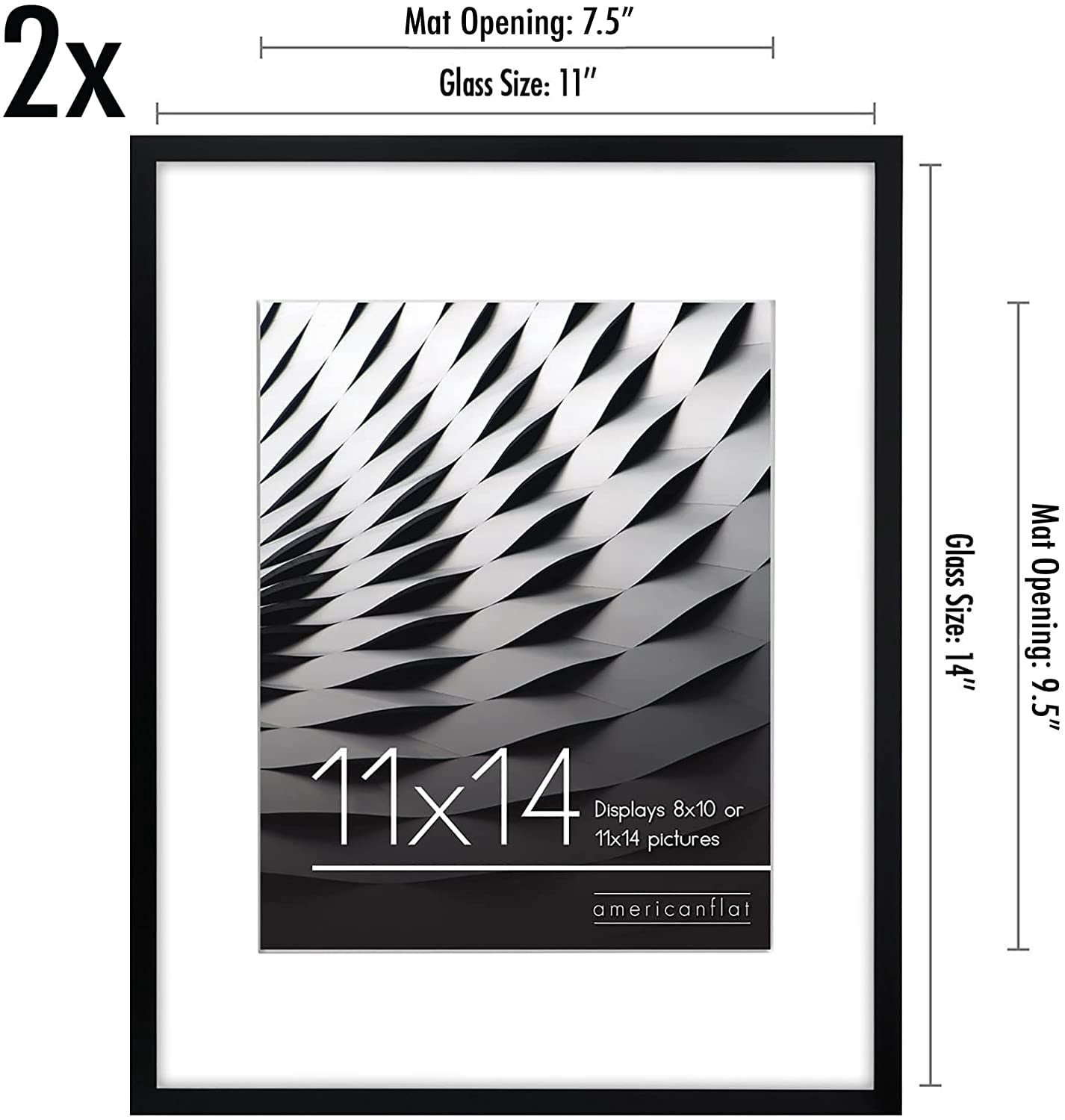 Americanflat 11x14 Picture Frame in Black - Displays 8x10 With Mat and 11x14 Without Mat - Horizontal and Vertical Formats for Wall and Tabletop (2 Pack)
