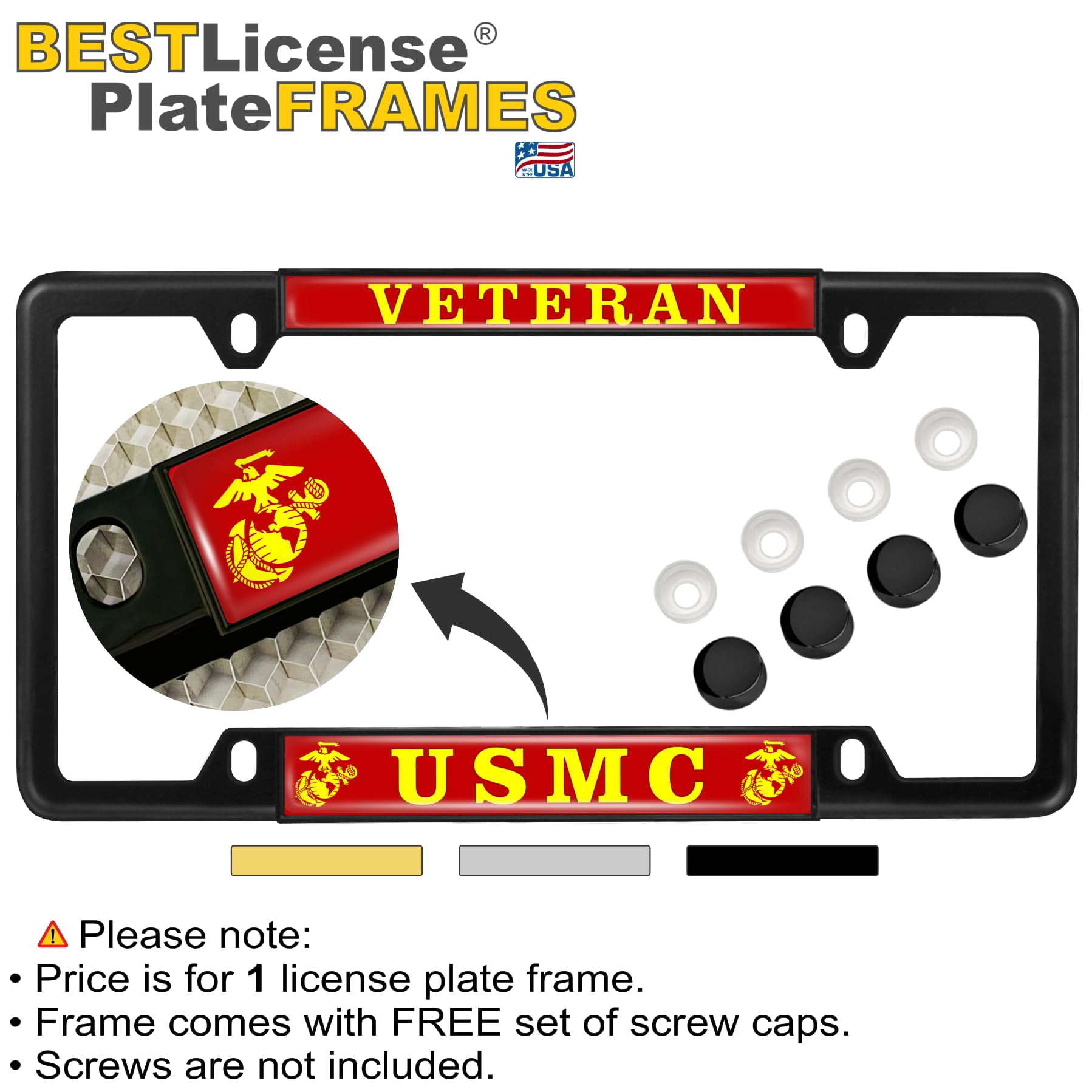 [Officially Licensed US Marine Corps Product] - Veteran USMC with EGA Emblem - Domed Custom-Made Personalized Thin Top 4-Hole Metal Car License Plate Frame with Free caps - Black Frame (Qty: 1)
