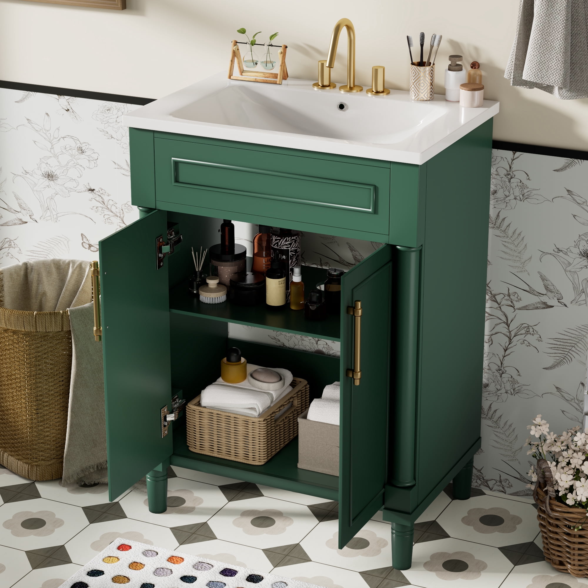 Harper & Bright Designs 24" Small Bathroom Vanity with Sink, Bathroom storage Cabinet with Doors and Shelf, Green