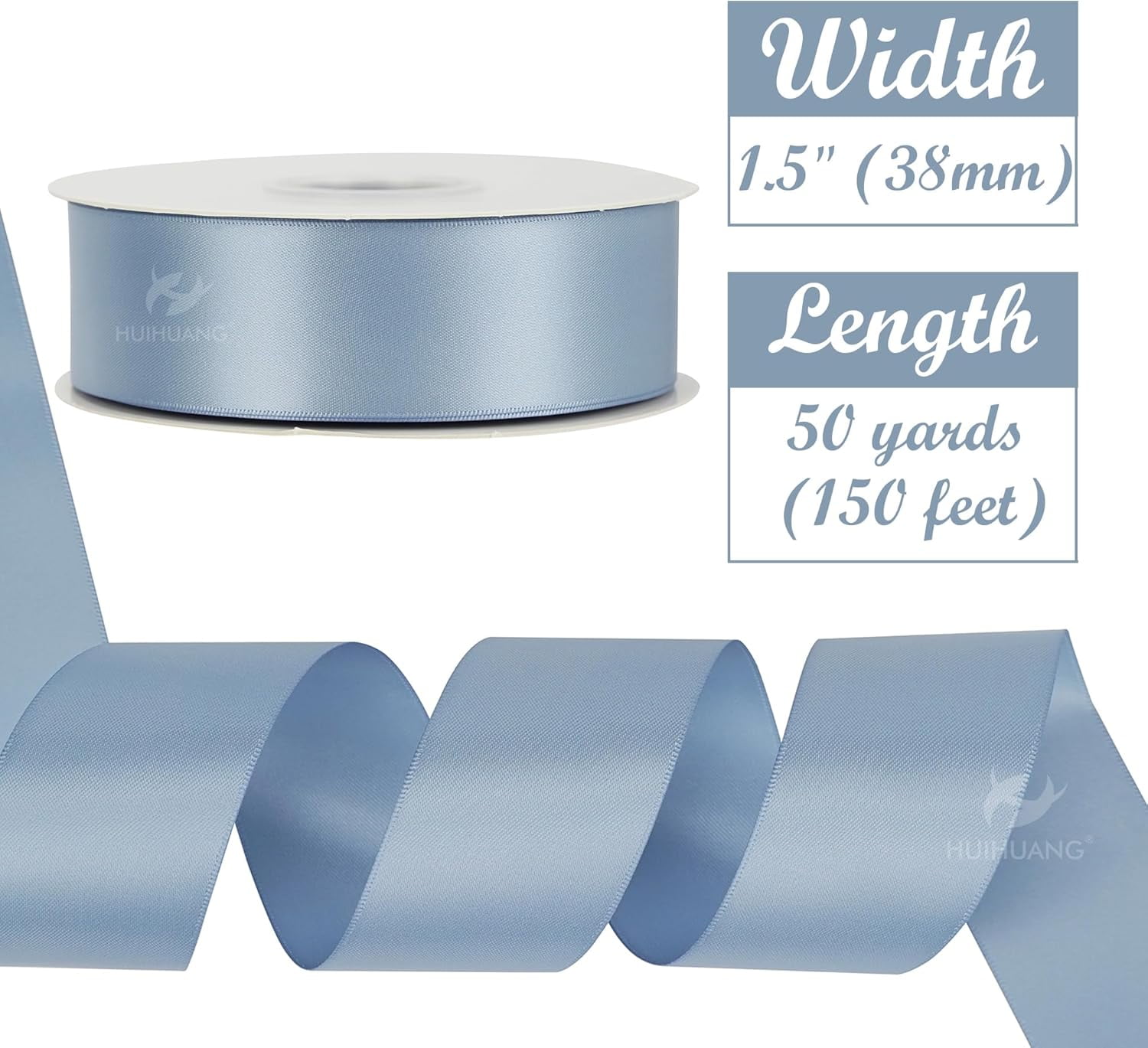 Dusty Blue Ribbon 1-1/2 inch Double Face Satin Ribbon Silk Ribbons 50 Yards Roll for Gift Wrapping Bows Making Floral Bouquet Wedding Invitations Decor Party Favor and Craft Supplies