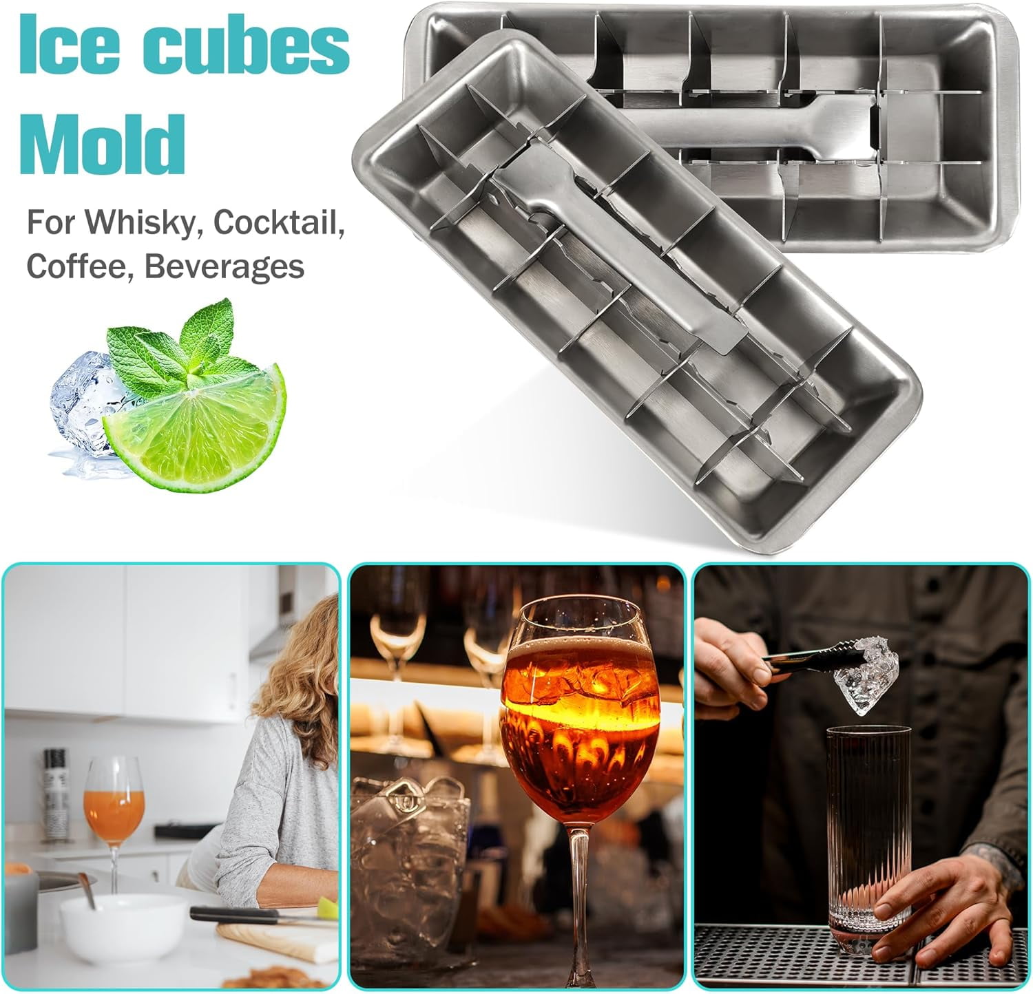 Vintage-Style Stainless Steel Ice Cube Tray with Lever, Easy-release 18-Slot Ice Cube Maker, Food-Grade Metal Freezer Mold for Baby Food, Juice, Veggies