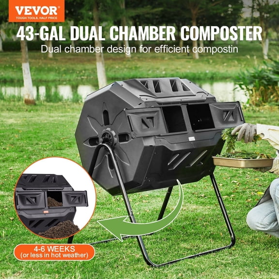 Compost Bin,43-Gal Dual Chamber Composting Tumbler,Large Tumbling Rotating Composter with 2 Sliding Doors&Steel Frame,BPA Free Composter Bin Tumbler for Garden,Kitchen,Yard,Outdoor