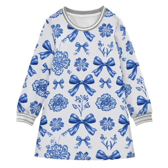 Girls' long-sleeved dress Bows Blue and White Flower Girls' A-line dress with ribbed cuffs Soft and comfortable