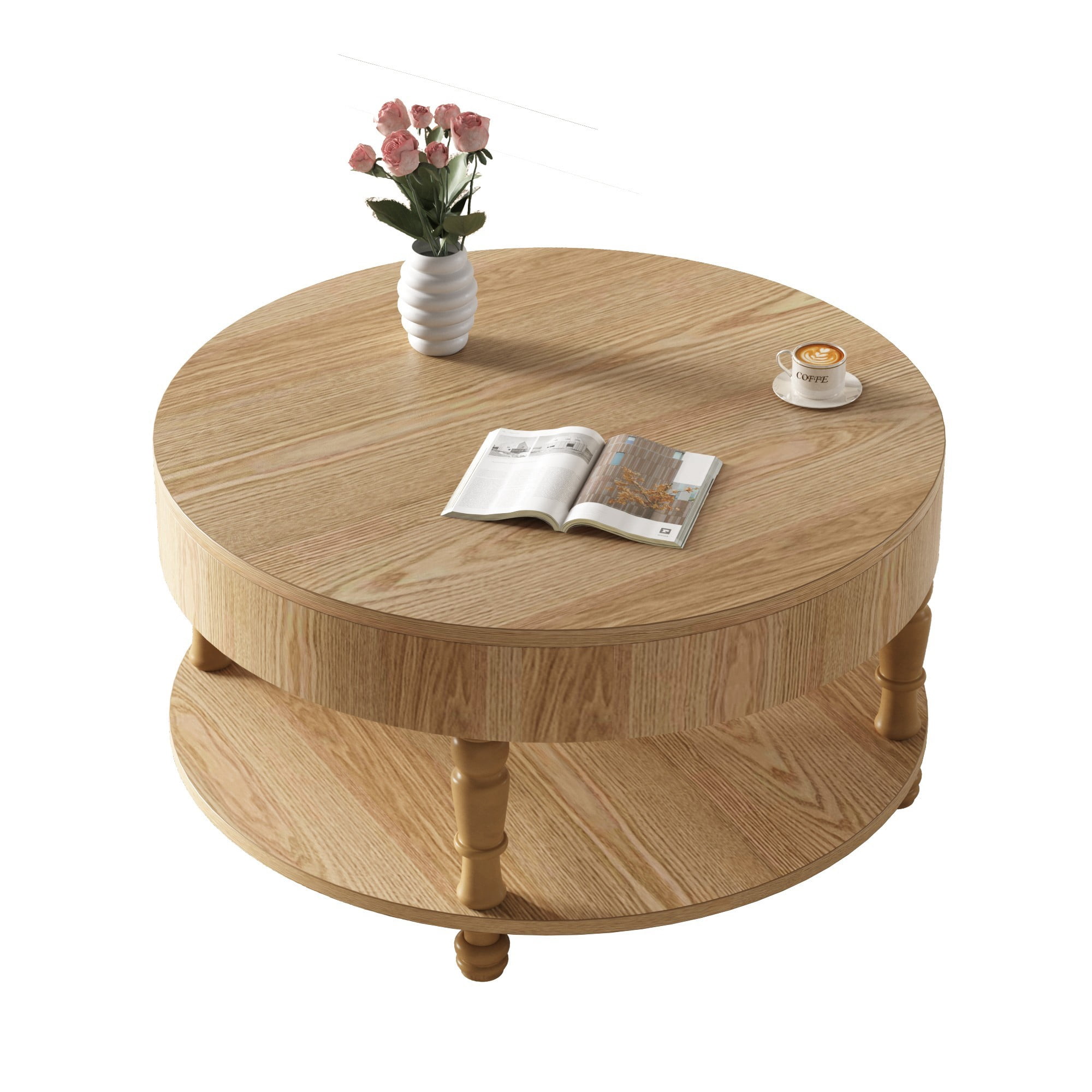 Round Coffee Table with Storage, 31.5" Modern Coffee Table with Hidden Compartment and Shelf, Wood Living Room Center Table, Natural