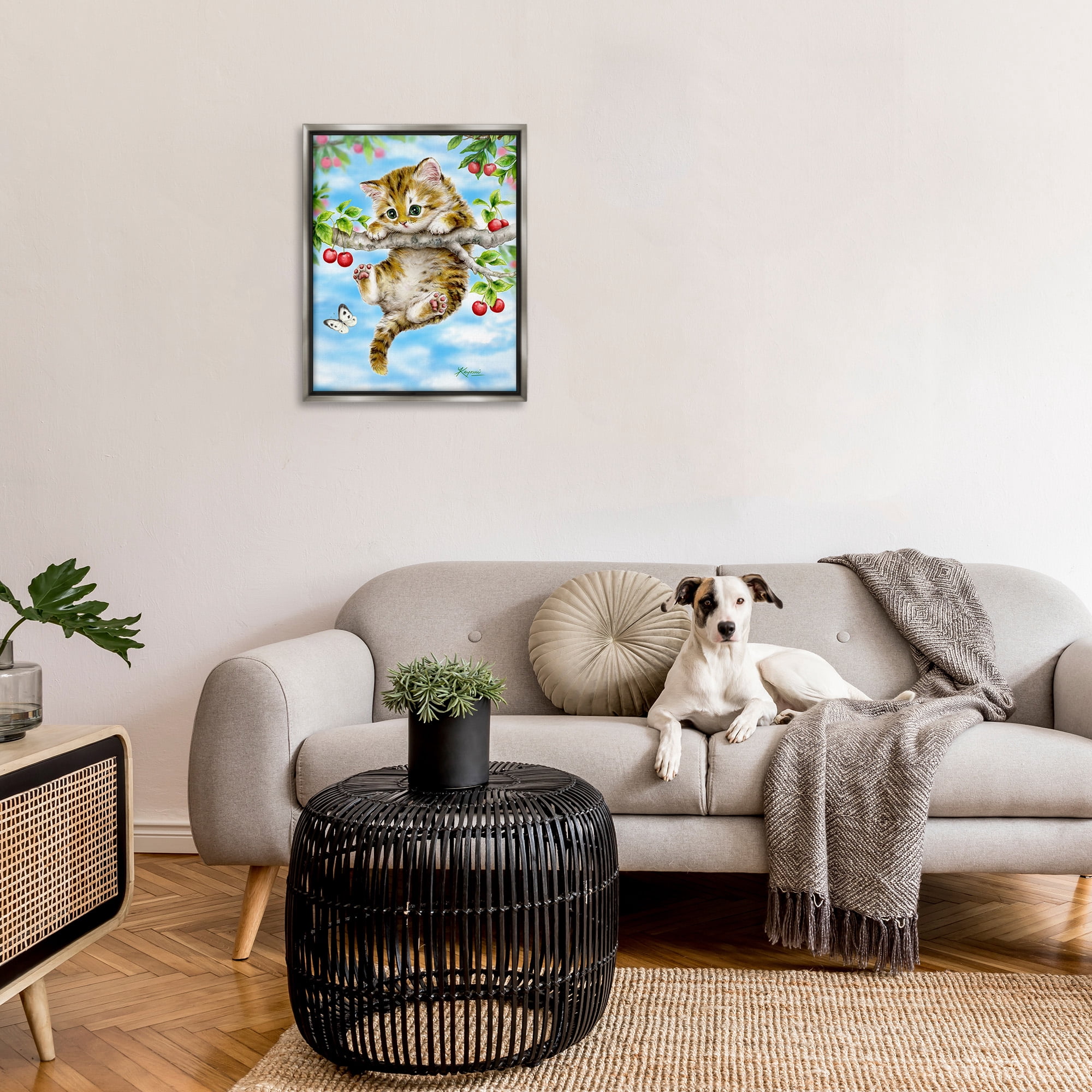 Stupell Industries Kitten Chasing Butterfly Animals & Insects Painting Gray Floater Framed Canvas Art Print Wall Art, 25 x 31