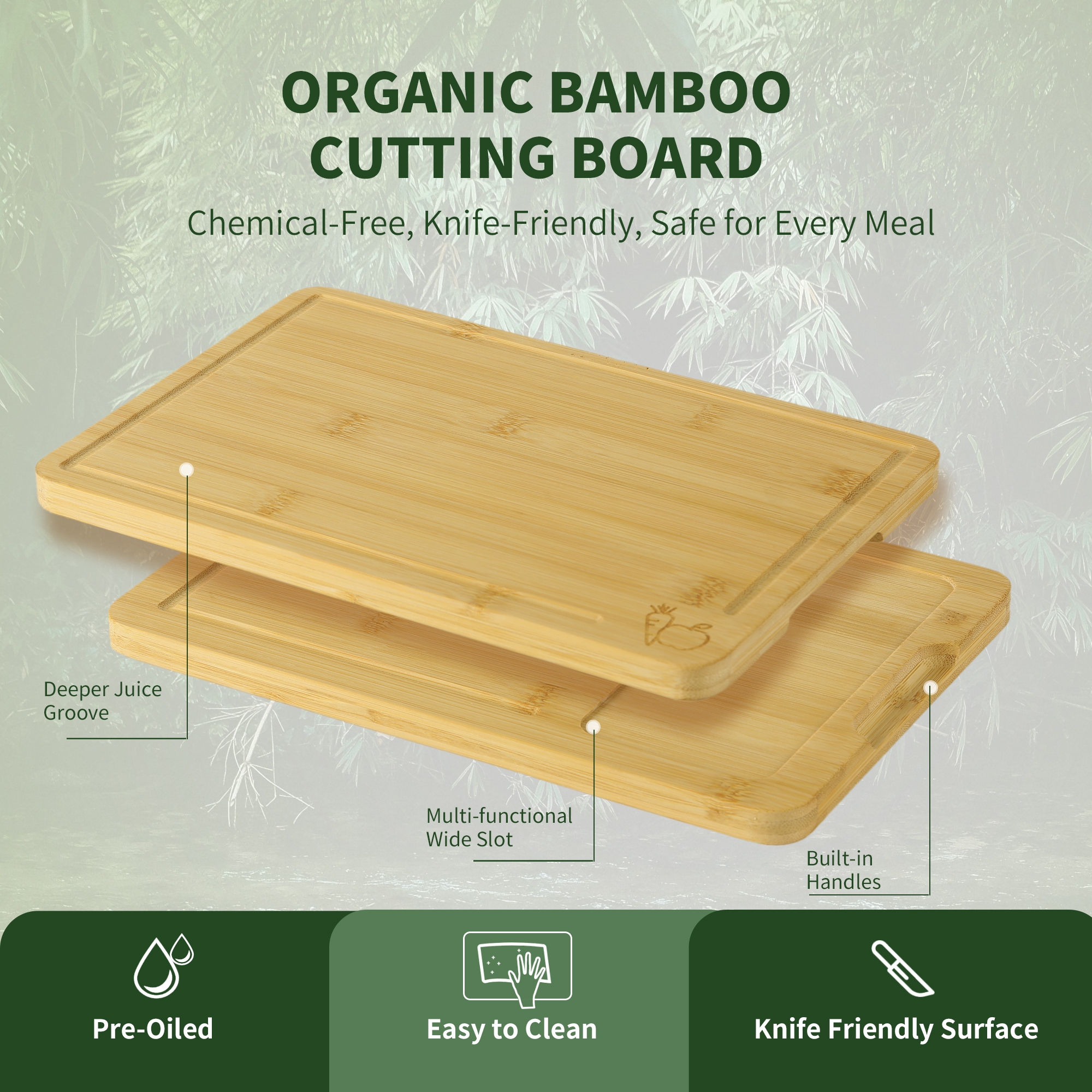 Bamboohomie Bamboo Cutting Board Set of 3 with Stand and Juice Groove, Non-Toxic Chopping Boards for Kitchen, Natural