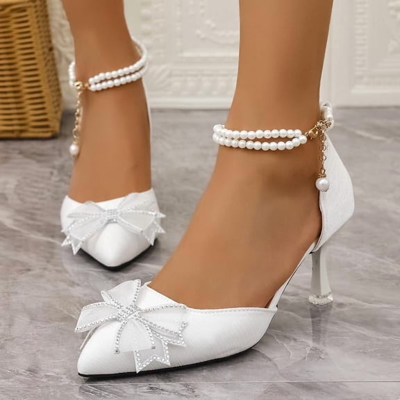 SCHUHLAND Elegant White Pumps: Pearl Chain Ankle Strap, Bowknot Pointed Toe High Heel Shoes for Wedding & Party