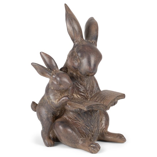 Bronzetone Book Reading Bunny Rabbit 5.75 x 8.78 Resin Decorative