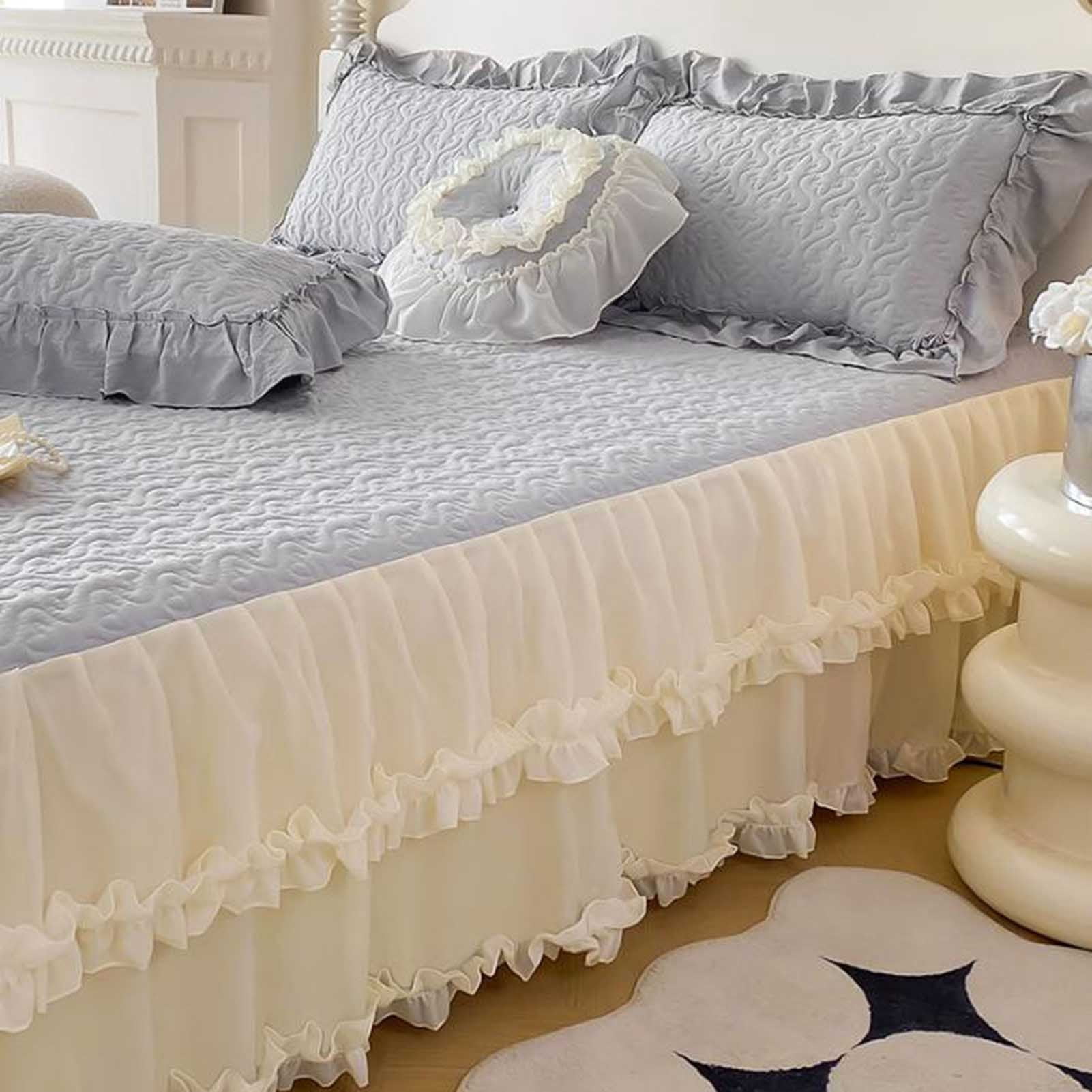 Bed skirt bedspread with ruffles, thickening bed sheet satin plain thickening fitted sheet, wrinkle-resistant and fade-resistant