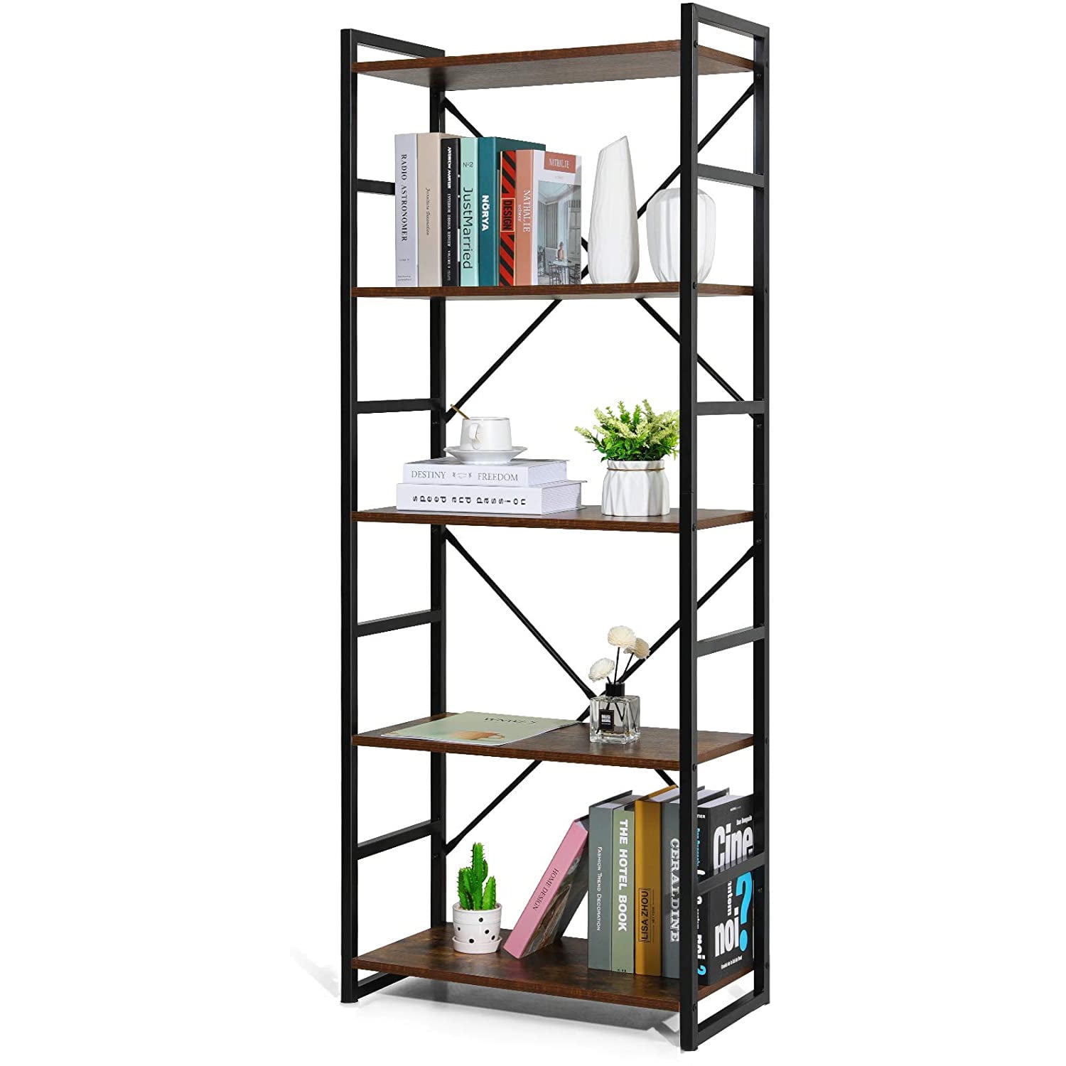 5 Tier Tall Bookshelf Mordern Wood Metal Open Industrial Book Shelves Bookcase~ 