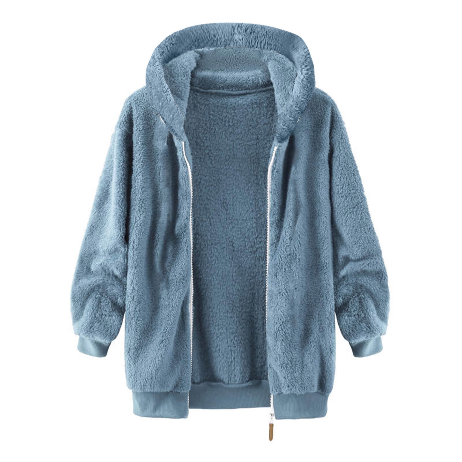 BiZtdJrK Fuzzy Fleece Coats for Men Big and Tall Zip Up Long Sleeve Sherpa Lined Jacket Fashion Drawstring Hooded Jackets Winter Outerwear Blue M