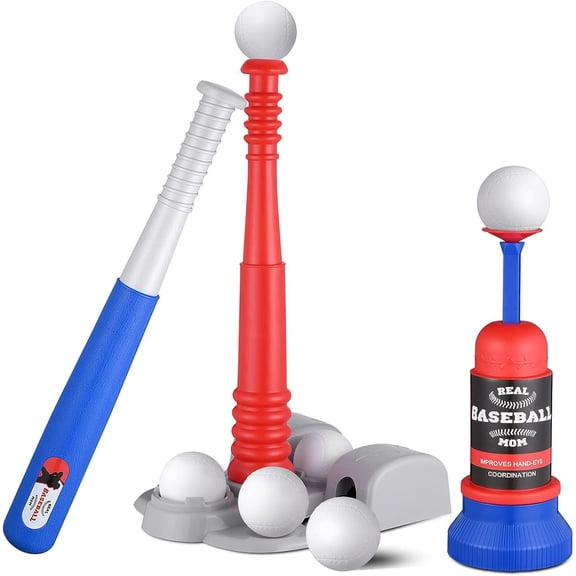QLUEWX Kids T-Ball Baseball Set, Adjustable Batting Tee with Launcher 6 Balls, Toddler Baseball Toy for Boys Girls 3-8, Outdoor Sports Game with Carry Bag