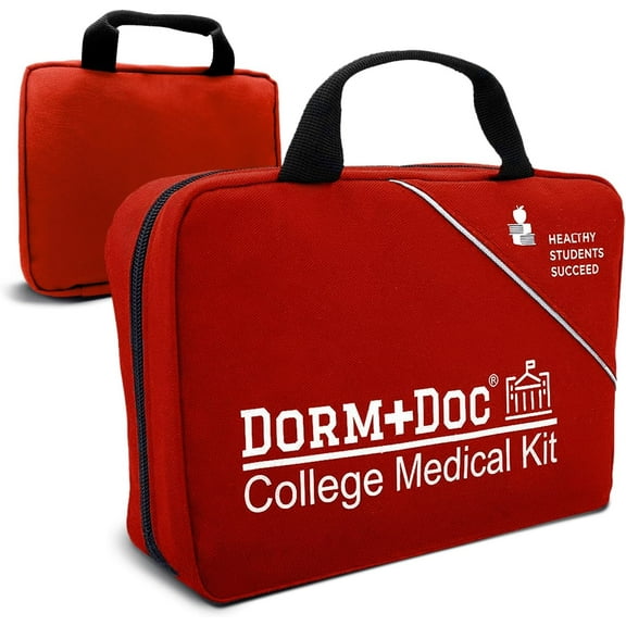 DormDoc College First Aid Kit – Compact Emergency Medical Kit for Dorm Rooms, School, Sports – with Bandages, OTC Medicines for Relief, Gauze, Quick Care Set – Portable Health Kit - 175 PCS, Red