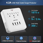 [2 Pack] BESTTEN USB Wall Outlet Surge Protector, 4 USB Charging Ports (5V/4.2A) and 3 AC Outlets, 15A/125V/1875W, 2 Slide-Out Phone Holders, White