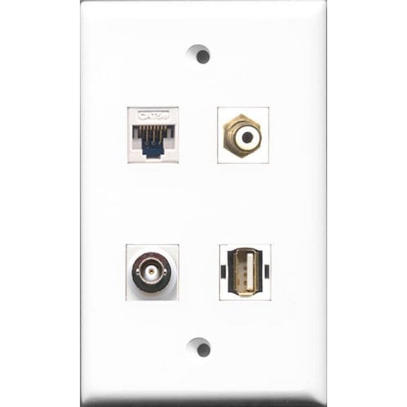 RiteAV 1 Port RCA White and 1 Port USB A-A and 1 Port BNC and 1 Port Cat5e Ethernet White Wall Plate