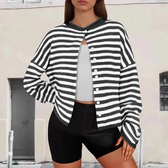 HCYSFG Womens Striped Cardigan Round Neck Button Front Long Sleeve Relaxed Fit Knit Sweater Casual Everyday Layering Tops