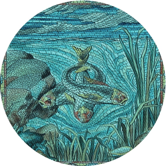 Ahgly Company Indoor Round Patterned Turquoise Green Area Rugs, 6' Round