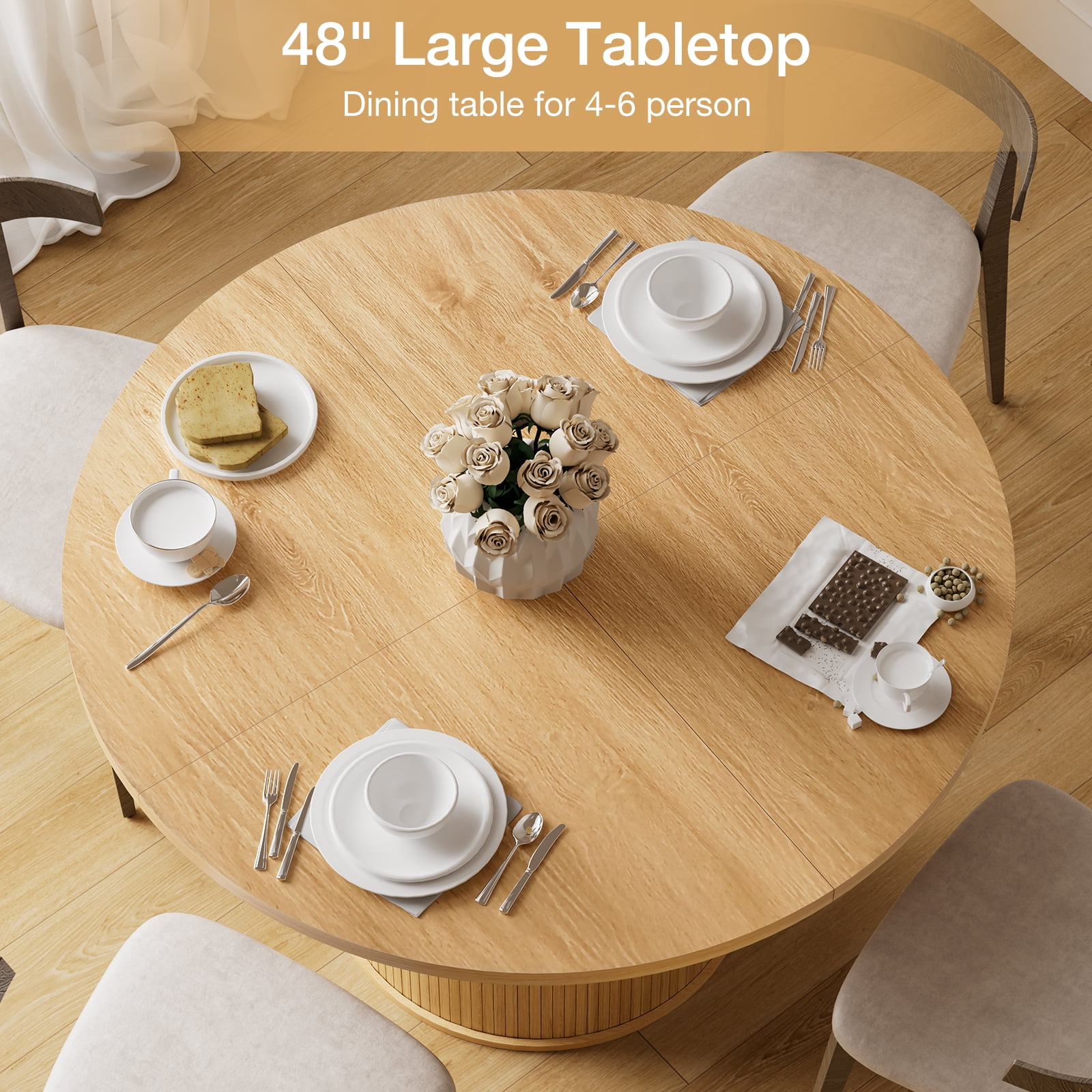 Hommpa 48" Round Dining Table with Storage,Morden Kitchen Table Wood for 4 with 2-Layer Storage Shelves and Wood Slide Door for Kitchen Living Room,Heavy Duty Pedestal Base,Natural