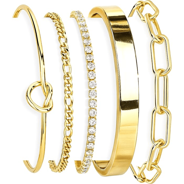 5PC Juego de Pulseras para Mujer de Acero Dorado: Tipos Bangle, Nudo y Tennis con Dainty Circonita Cúbica, Apilables, No se Decoloran, Pulseras de Moda