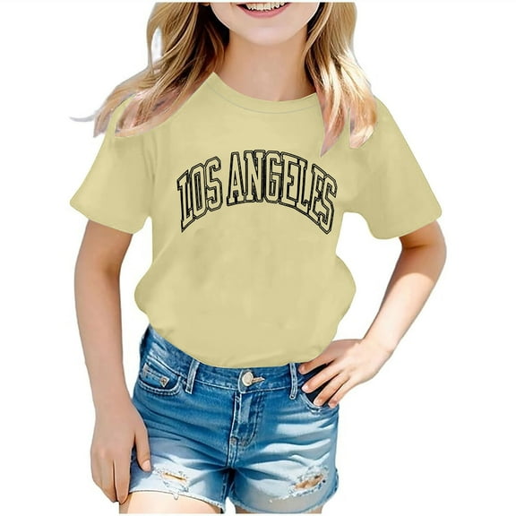YLSDY Girls Los Angeles Shirt Short Sleeve T-Shirts Kids Summer Fashion Tunic Tops Cotton Graphic Tees Shirts Beige 11 Years