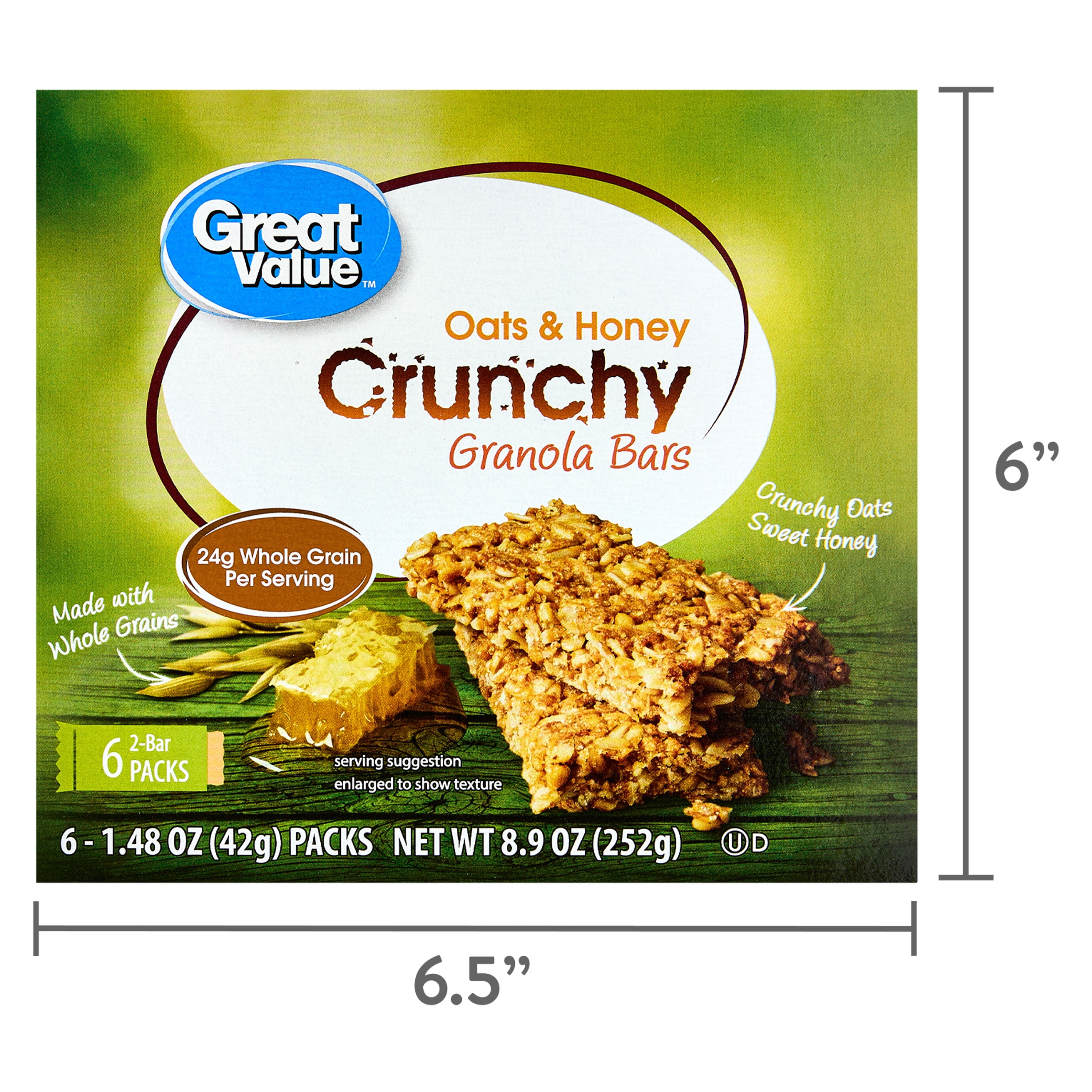 Great Value Oats & Honey Crunchy Granola 2-Bar Packs, 1.4 oz, 6 Packs