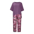 thumbnail image 4 of Summer Hot Saving! ITSUN Outfit for Women Print Crewneck Short Sleeve Pullover Shirt Tops Pants Trousers Set Purple S, 4 of 5