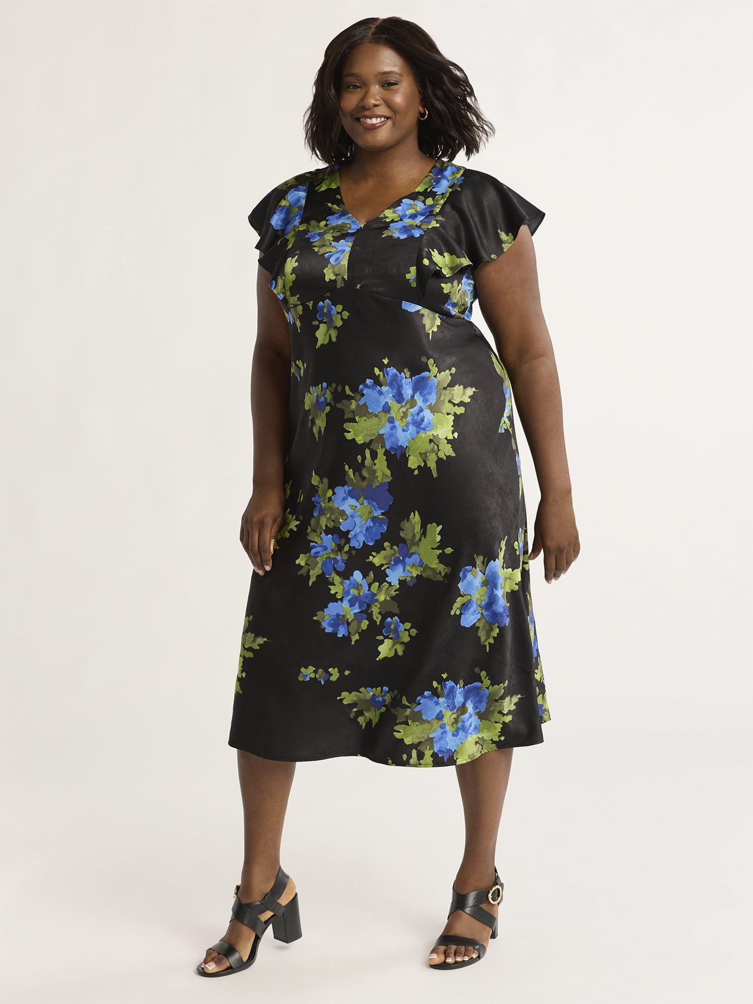 Time and Tru Women's Plus Silky Satin Midi Dress with Flutter Sleeves, Sizes XS-4X