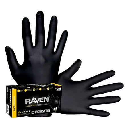 (Case of 3 pack) SAS Safety 66518 100-Piece Raven 6 mil Powder-Free Nitrile Gloves Set - Large Black