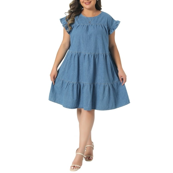 Agnes Orinda Women's Plus Size Denim Dress Pleated Ruffle Sleeve Flowy Swing 2026 Summer Casual Jean Midi Babydoll Dresses with Pocket 1X Light Blue