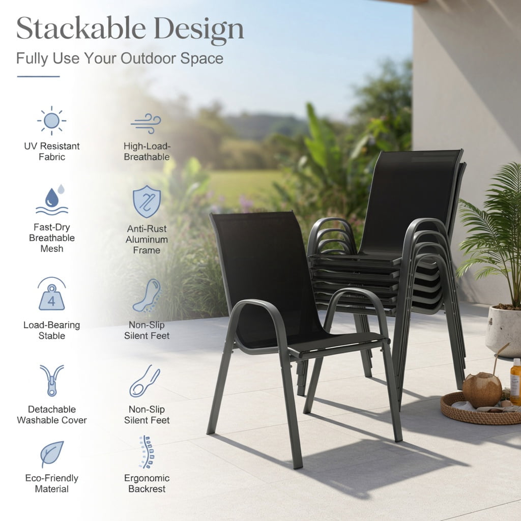 Hommoo 2-Pack Stackable Outdoor Dining Chairs with Armrests, Fabric, Steel Frame, Ergonomic Design for Patio, Deck or Balcony, Black