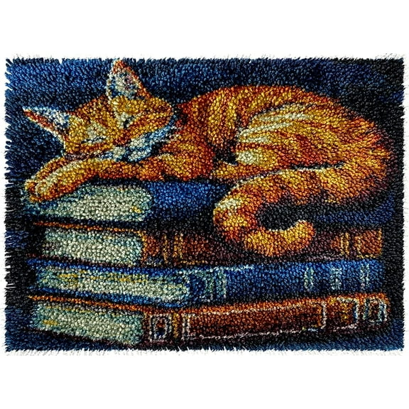 A Sleeping Orange Cat on Books Latch Hook kits Rug Color Printed Crochet Yarn DIY Hooking Latch Kit Carpet Rug Cover Mat for Christmas Chair Cushion Floor Decoration 52x38cm(1)