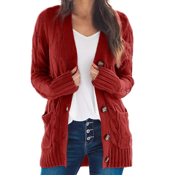 Women's Long Sleeve Cable Knit Cardigan Open Front Button Down Knitwear Sweater Coat