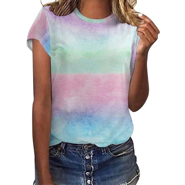 Gibobby Blusa de Trabajo de Manga Corta Mujeres Casual Tie Dye Gradient Printing Mangas Cuello redondo Camiseta suelta Blusa Tops(Azul,G)