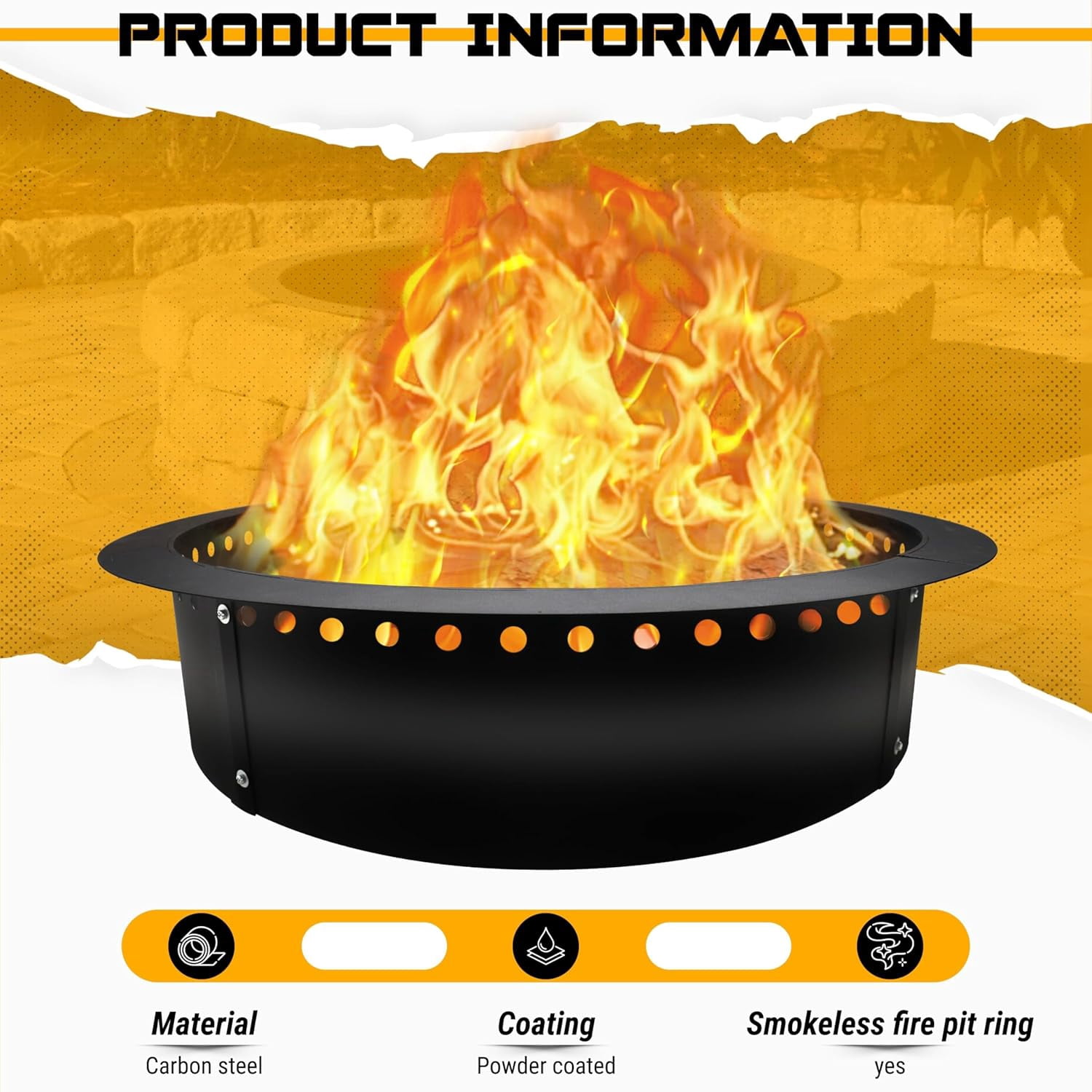 FEBTECH Fire Pit Ring Smokeless - 45" OD x 39" ID - Portable Steel Fire Ring Liner with Air Vents - Perfect for DIY in or Above-Ground Setups, Patio, Garden, Bonfires and Camping